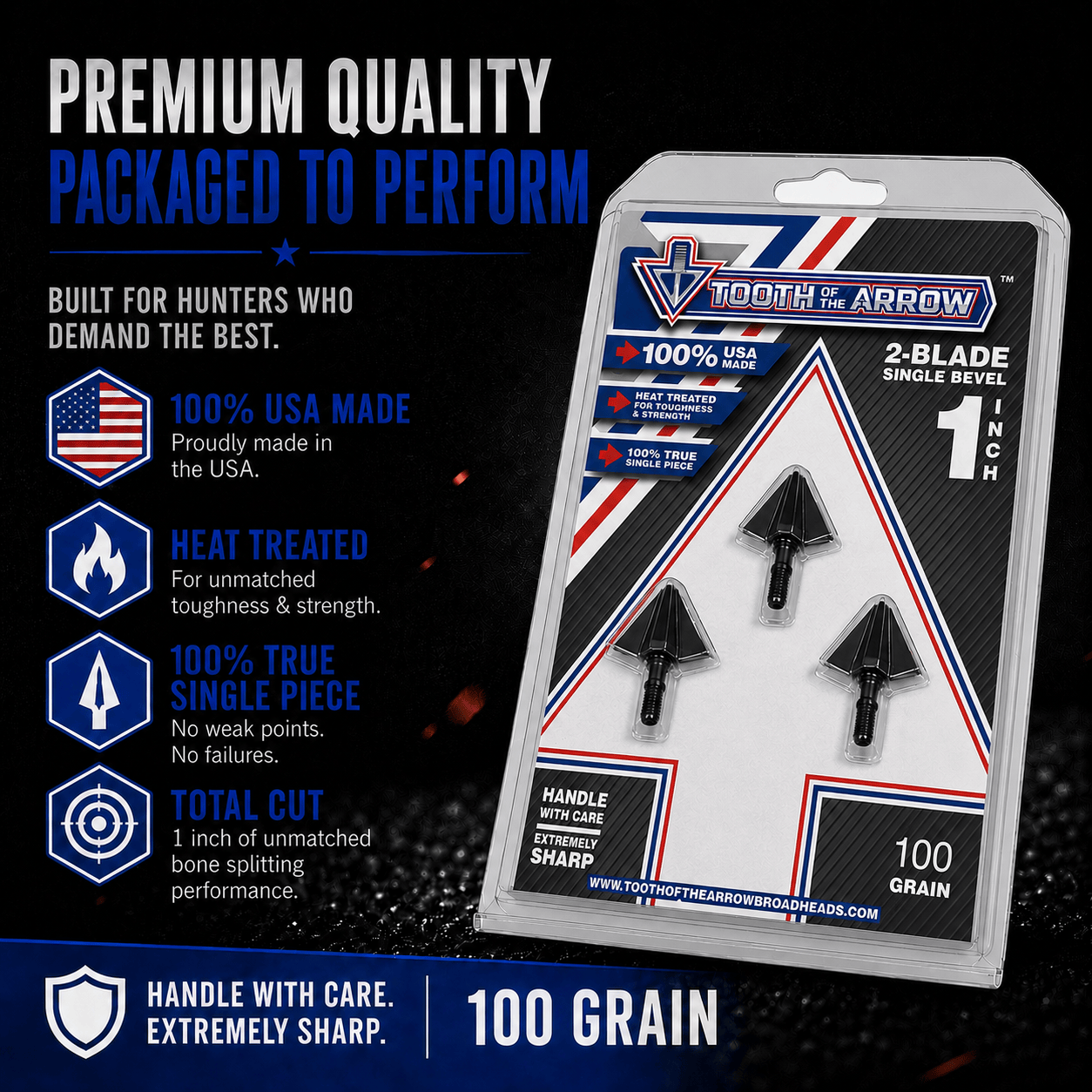 Tooth of the Arrow Broadheads Broadheads & Field Points TOTA | 100 grain broadhead | 1-inch single bevel | fixed blade