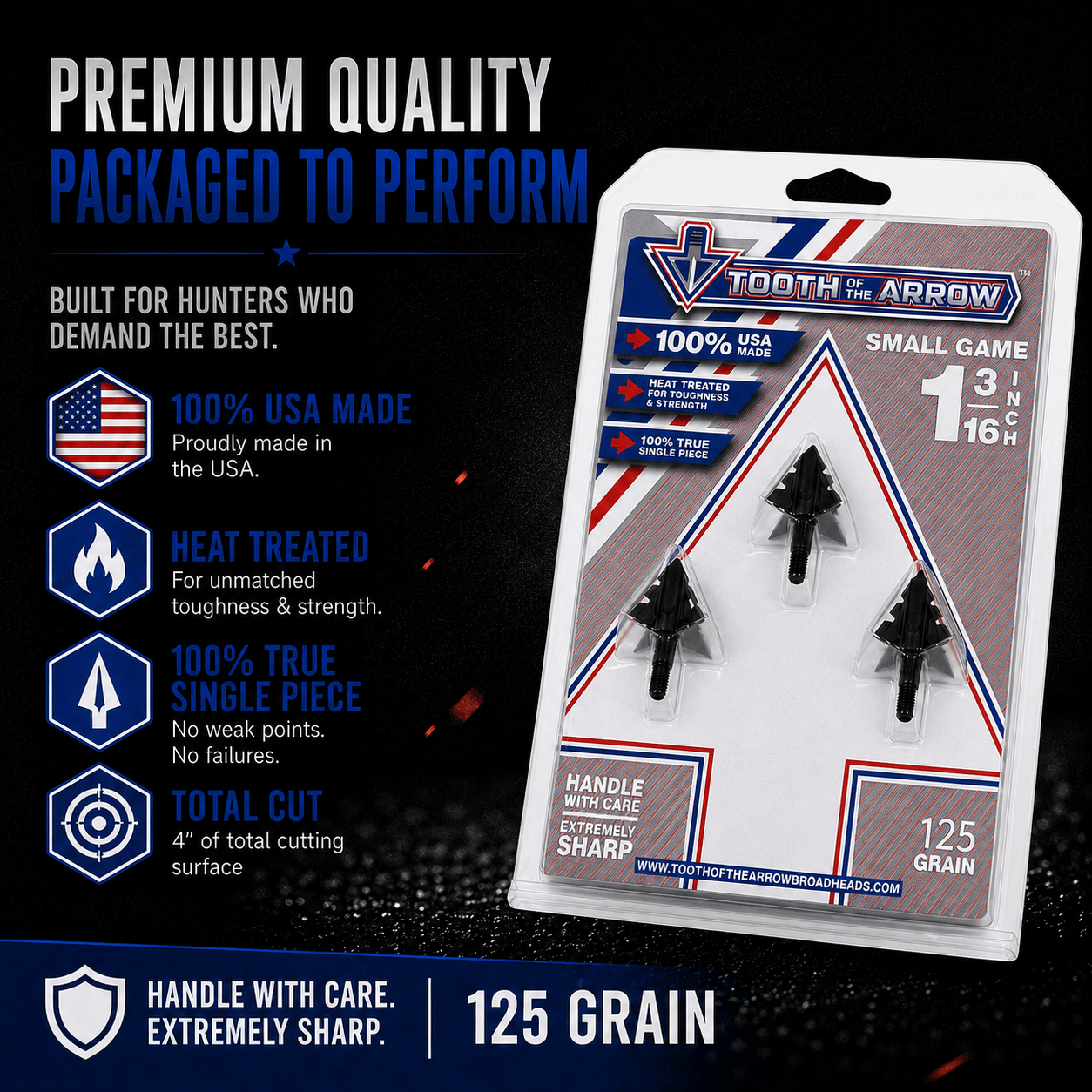 Tooth of the Arrow Broadheads Broadheads & Field Points TOTA | 125 Grain Broadhead | Small Game and Turkey | Fixed Blade